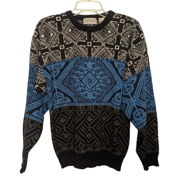 J. TODD blue black Aztec design Acrylic Geometric print Vintage Sweater‎ M - Picture 1 of 8